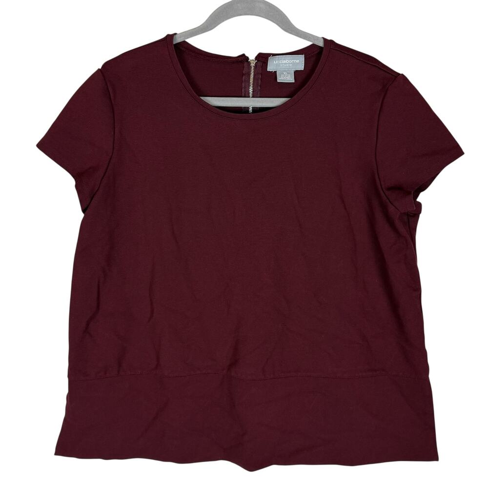 Liz Claiborne Studio Blouse Women XL Maroon Rayon Cap Sleeve Back Zip Side Slit